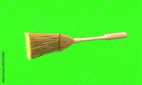 3d render classic floating broom ongreen screen background photo