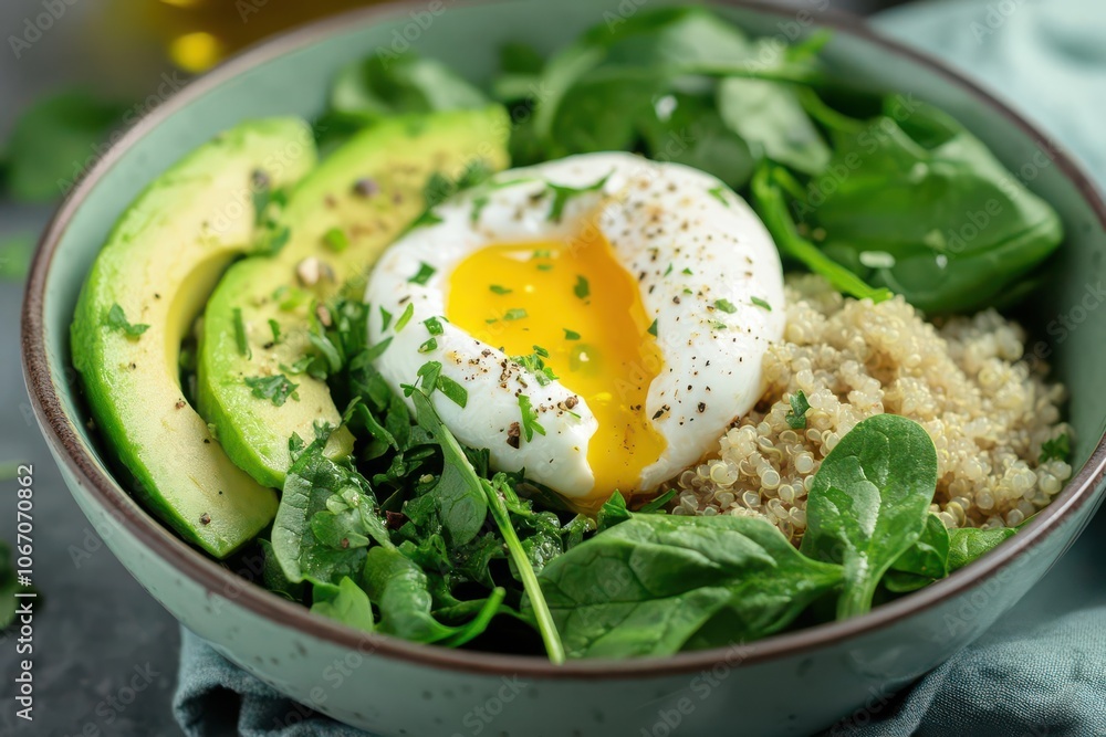 A healthy bowl featuring quinoa, spinach, avocado, and a poached egg. A healthy bowl featuring quinoa, spinach, avocado, and a poached egg.