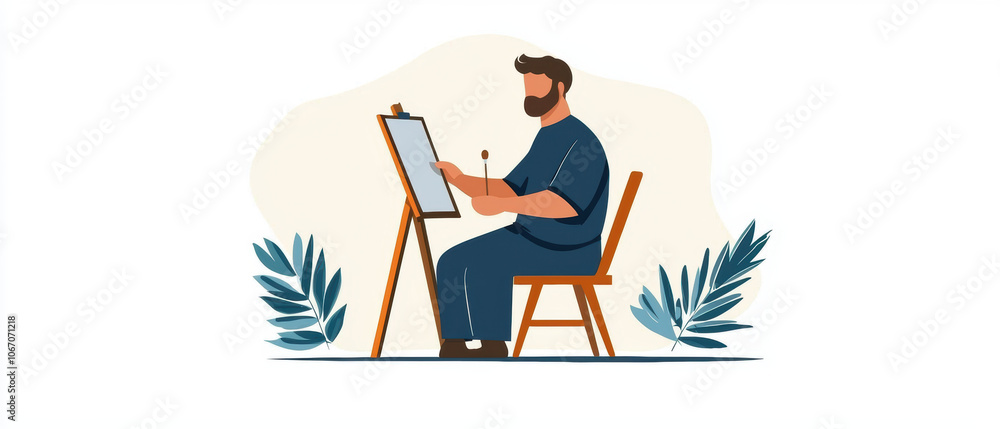 Fototapeta premium A man sitting at an easel, sketching, surrounded by decorative foliage, representing creativity and artistry.