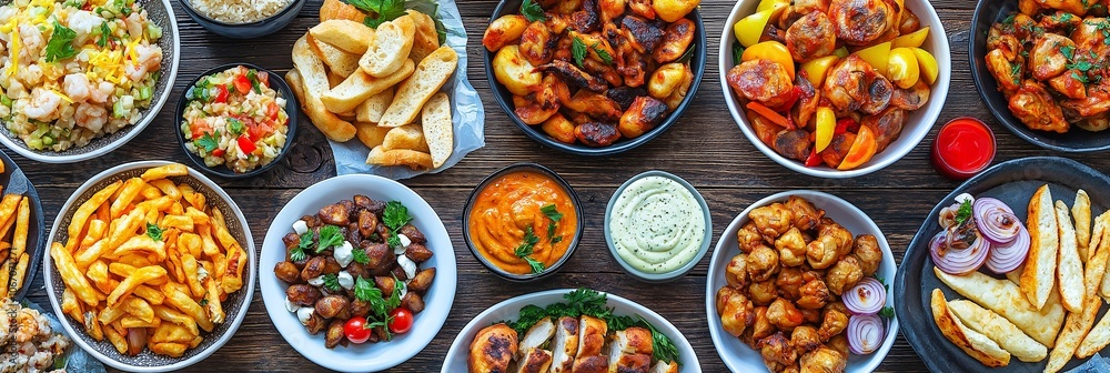 A spread of appetizing dishes and snacks is served on a rustic wooden table, tempting one’s taste buds. A spread of appetizing dishes and snacks is served on a rustic wooden table, tempting one’s taste buds.
