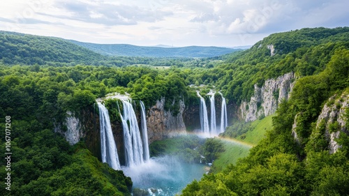 A stunning landscape featuring cascading waterfalls surrounded by lush greenery and a serene atmosphere under a partially cloudy sky.