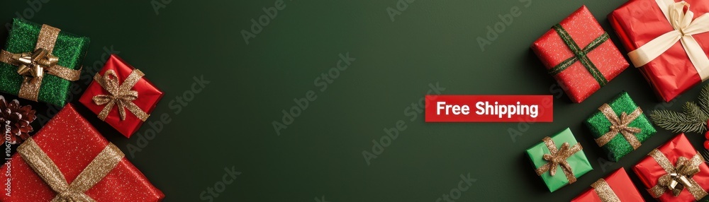 Free shipping Christmas gift eCommerce concept. Colorful wrapped gifts with a festive theme set against a dark green background promoting free shipping for holiday shopping Free shipping Christmas gift eCommerce concept. Colorful wrapped gifts with a festive theme set against a dark green background promoting free shipping for holiday shopping
