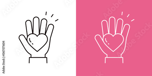手のひらにのったハートのアイコンセット＿細い線＿片手＿びっくり