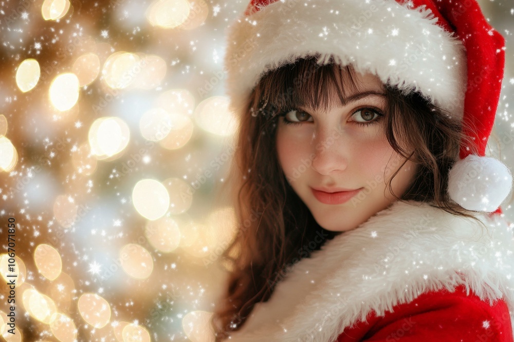Smiling woman in Santa hat posing for festive holiday portrait. Smiling woman in Santa hat posing for festive holiday portrait.