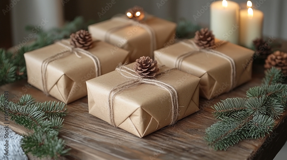 Christmas Gifts Wrapped in Kraft Paper with Pine Cones on a rustic Christmas background Christmas Gifts Wrapped in Kraft Paper with Pine Cones on a rustic Christmas background