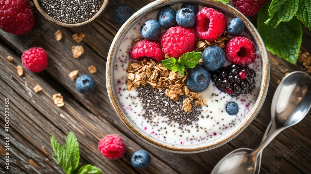 A healthy yogurt bowl topped with berries, granola, and chia seeds for a nutritious snack. A healthy yogurt bowl topped with berries, granola, and chia seeds for a nutritious snack.