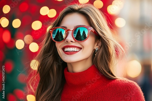 Woman smiling in sunglasses, joyful expression, sunny day.