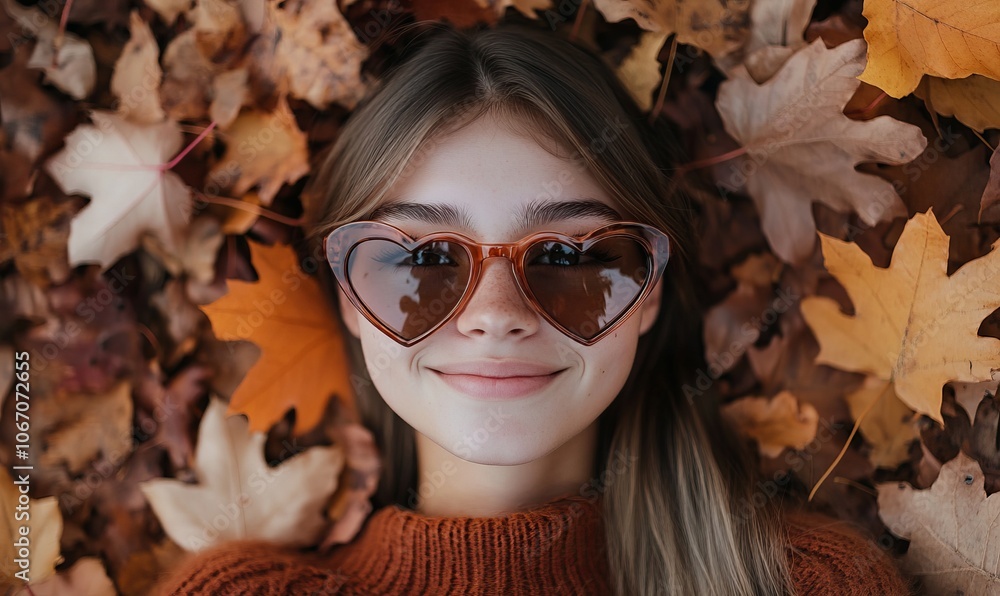 Happy young woman wearing heart shaped sunglasses surrounded by fallen autumn leaves. Autumn love, romance fall Happy young woman wearing heart shaped sunglasses surrounded by fallen autumn leaves. Autumn love, romance fall