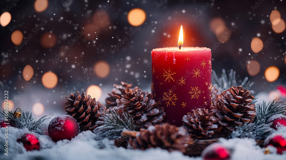 Lit red Candle, Pine Cones, in snowy setting for Holiday Atmosphere Lit red Candle, Pine Cones, in snowy setting for Holiday Atmosphere