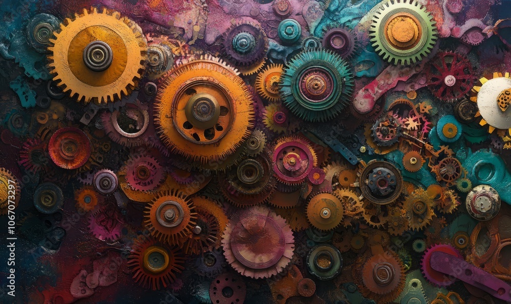 Intricate arrangement of colorful gears creating a dynamic and visually striking representation of machinery and technology Intricate arrangement of colorful gears creating a dynamic and visually striking representation of machinery and technology