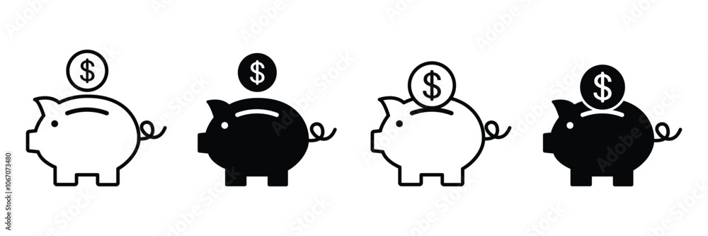 Obraz premium Piggy bank icon vector set. Piggy bank with coin. Piggy bank saving money icon collection. Baby pig piggy bank.