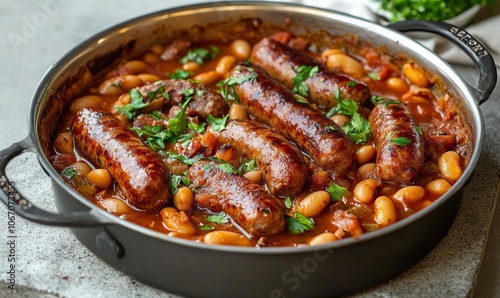 hearty beans stew with sausages, herbs and spices in tomato sauce in a metal casserole on a concrete table, fasolka po bretonsku, polish cuisine, view photo