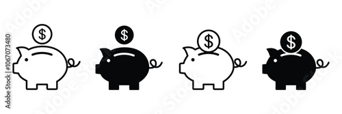 Piggy bank icon vector set. Piggy bank with coin. Piggy bank saving money icon collection. Baby pig piggy bank.