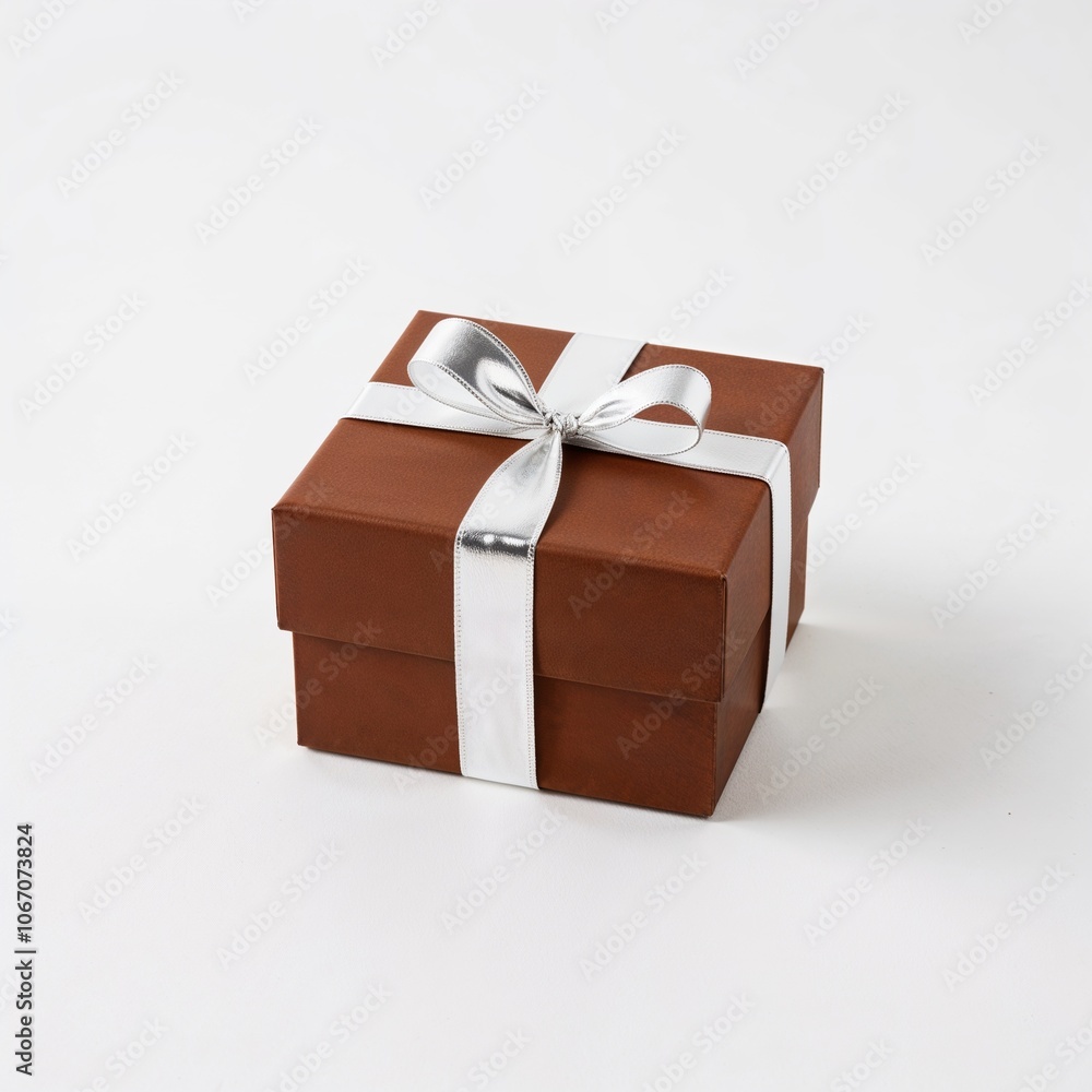 Brown square box with a gold ribbon, against a plain white background Brown square box with a gold ribbon, against a plain white background
