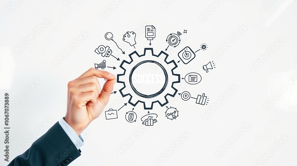 Businessman's hand sketching a gear surrounded by various success symbols on a whiteboard, gear Businessman's hand sketching a gear surrounded by various success symbols on a whiteboard, gear