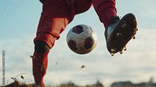 37. Close-up slow-motion shot of a football flying past a defender s outstretched foot photo