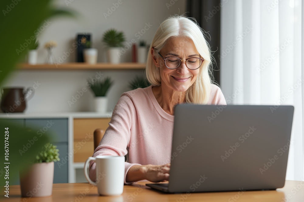 Smiling Senior Woman Using Laptop at Home Office, Enjoying Coffee, Surrounded by Plants, Perfect for Aging in Place Concepts Smiling Senior Woman Using Laptop at Home Office, Enjoying Coffee, Surrounded by Plants, Perfect for Aging in Place Concepts