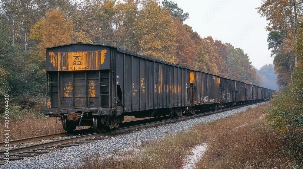 Fototapeta premium Black Freight Train Traveling Through Fall Foliage