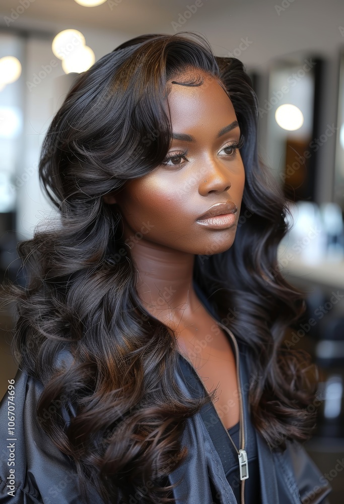 Close-up of an elegant woman with voluminous, wavy black hair, showcasing a glamorous hairstyle and radiant beauty. Close-up of an elegant woman with voluminous, wavy black hair, showcasing a glamorous hairstyle and radiant beauty.