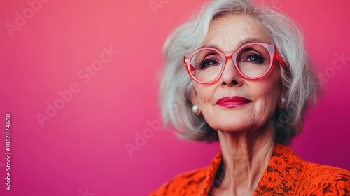 Portrait of stylish senior woman with rose colored glasses.