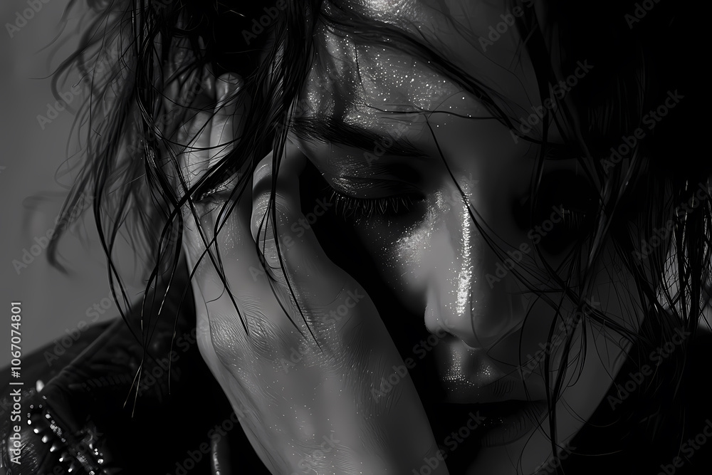 A close-up of a young Caucasian woman with wet hair, reflecting deep emotion in a dramatic black and white shot. A close-up of a young Caucasian woman with wet hair, reflecting deep emotion in a dramatic black and white shot.