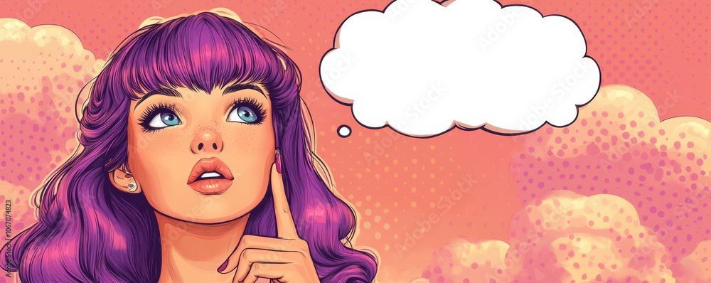Comic-style pop art girl with purple hair making a peace sign, expressing surprise. Retro pop art style with speech bubble on pink polka dot background. Concept of youth, creativity, and artistic Comic-style pop art girl with purple hair making a peace sign, expressing surprise. Retro pop art style with speech bubble on pink polka dot background. Concept of youth, creativity, and artistic