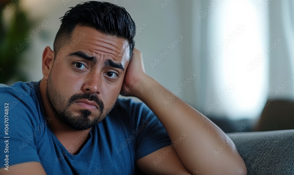 Obraz premium Hispanic man on sofa sad and disappointed after reading online bad news