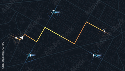 Online location tracking with data of arrive time on city map. Huge city map with roads streets as background. Vector illustration