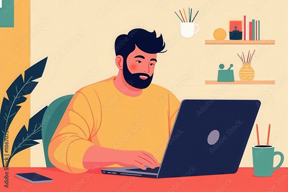 Focused Man Working on Laptop in Cozy Home Office Setting, Perfect for Freelance or Remote Work Concepts Focused Man Working on Laptop in Cozy Home Office Setting, Perfect for Freelance or Remote Work Concepts