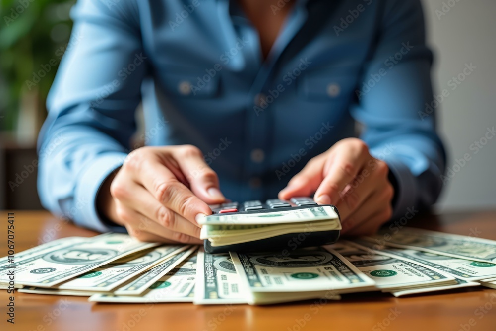 Counting Money: Businesswoman Using Calculator with Stacks of US Dollars on Wooden Table - Financial Planning and Budgeting Counting Money: Businesswoman Using Calculator with Stacks of US Dollars on Wooden Table - Financial Planning and Budgeting