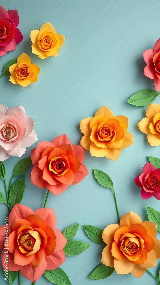 Naklejka premium Colorful paper roses in a vibrant backdrop, background