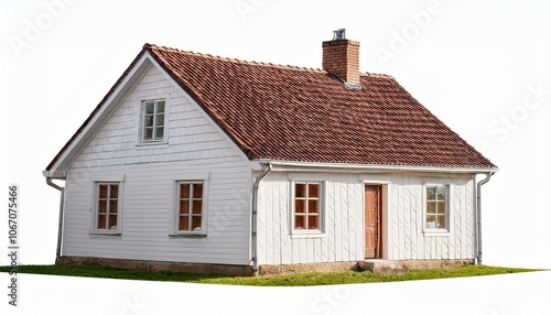 Charming Small White House with Brown Roof Isolated on Transparent Background
