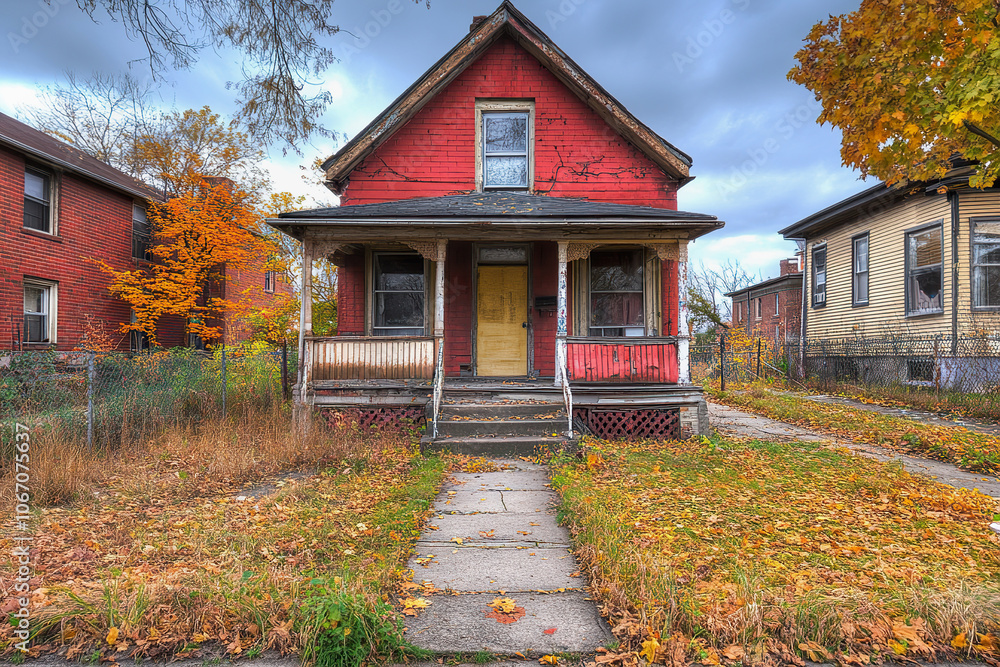 Rustic abandoned red house in autumn urban landscape. Lead Paint Removal on old building concept Rustic abandoned red house in autumn urban landscape. Lead Paint Removal on old building concept