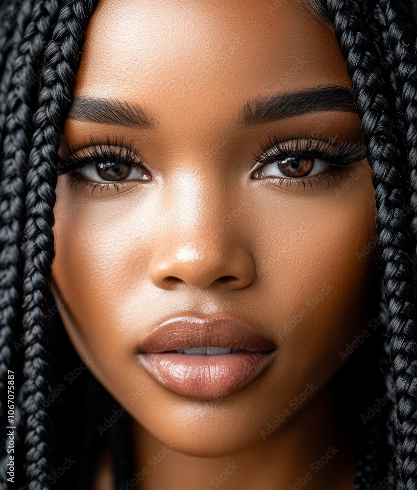 Close-up portrait of a young woman with braided hair, showcasing flawless skin, defined brows, and natural makeup. Close-up portrait of a young woman with braided hair, showcasing flawless skin, defined brows, and natural makeup.