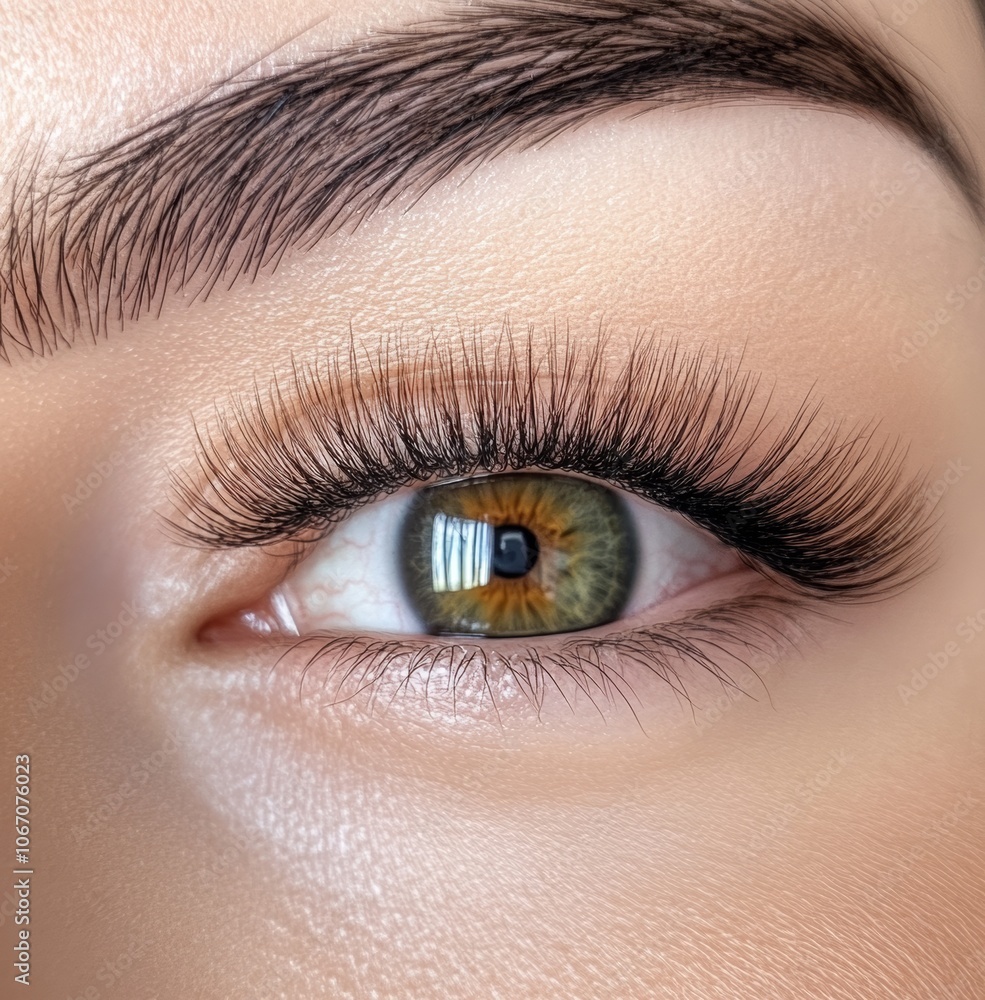 Obraz premium Detailed macro shot of a green eye with long eyelashes and a well-defined eyebrow. The image highlights the intricate iris pattern and natural beauty.