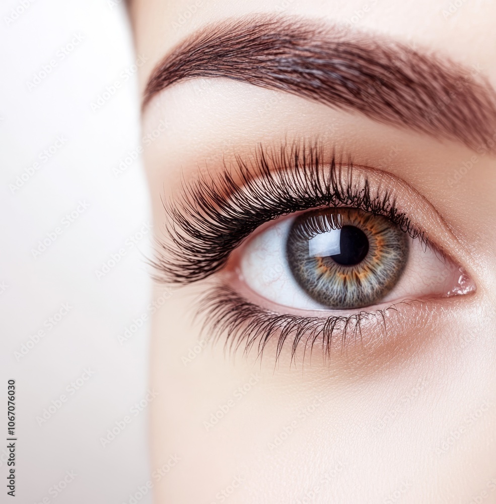 Obraz premium High-resolution close-up of a blue eye with long, voluminous eyelashes and a well-defined eyebrow, showcasing detailed iris and natural skin.