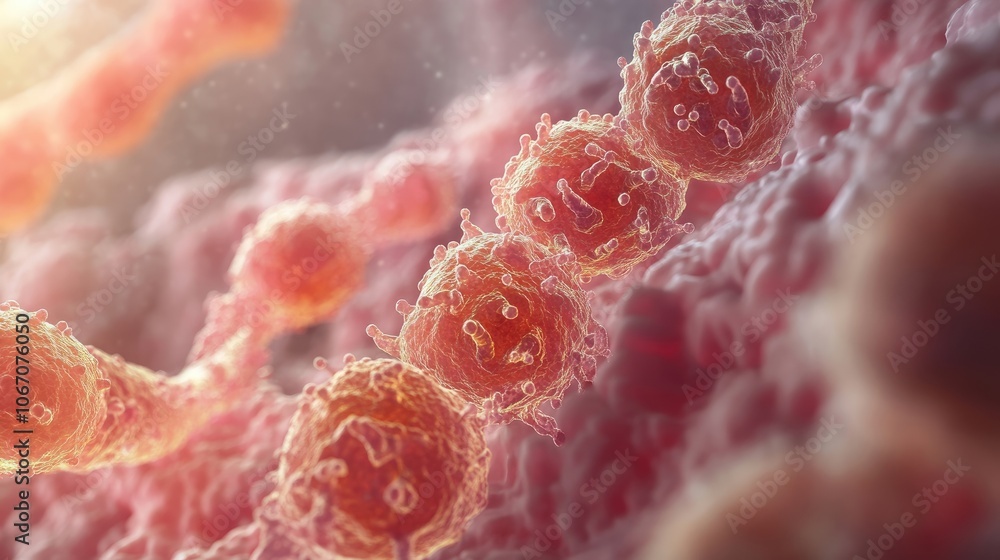 Close-up image illustrating the intricate process of human cell division, capturing the detailed stages of cell division with ample copy space for text or graphic overlay. Close-up image illustrating the intricate process of human cell division, capturing the detailed stages of cell division with ample copy space for text or graphic overlay.