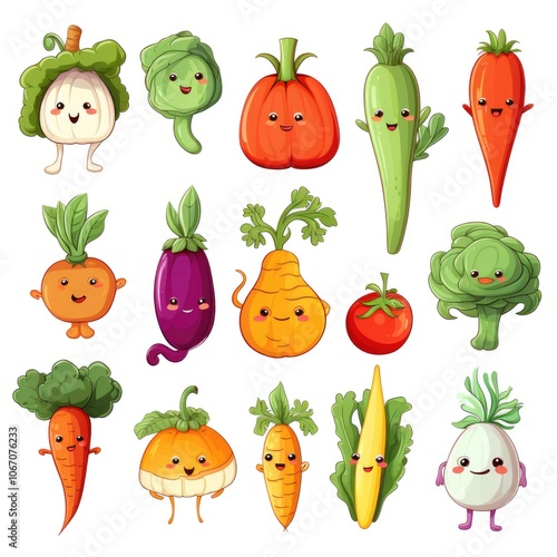 Cute smiling vegetables: adorable cartoon veggies with faces