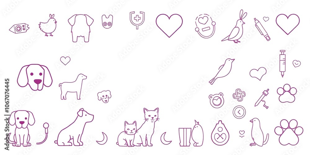 A stock photo featuring thin line icons of various pets such as dog, cat, rabbit, and bird alongside vet related symbols like stethoscope, injection, and paw print, thin line icons