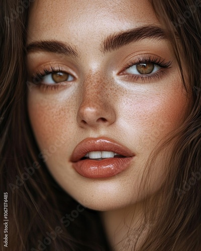 Close-up portrait of a woman featuring freckles, glossy lips, brown eyes, and natural makeup, highlighting smooth skin and facial beauty.