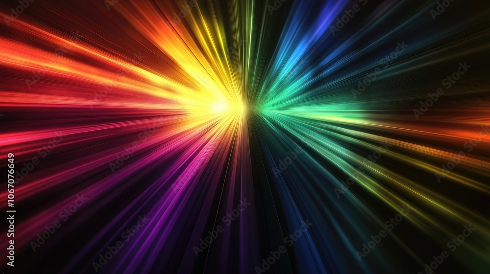 Abstract representation of rainbow-colored light rays on a black background, creating a vibrant and dynamic visual effect, perfect for illustrations with ample copy space. Abstract representation of rainbow-colored light rays on a black background, creating a vibrant and dynamic visual effect, perfect for illustrations with ample copy space.