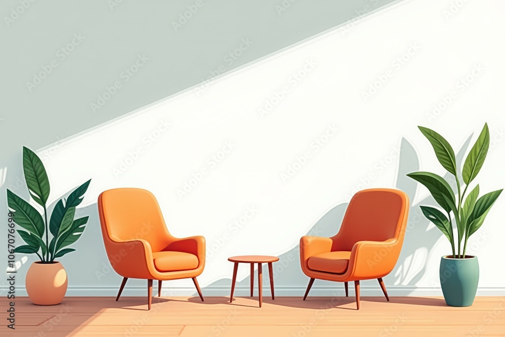 Fototapeta premium Bright and Inviting Living Room with Orange Chairs and Lush Green Plants, Perfect for Cozy Conversations and Relaxation