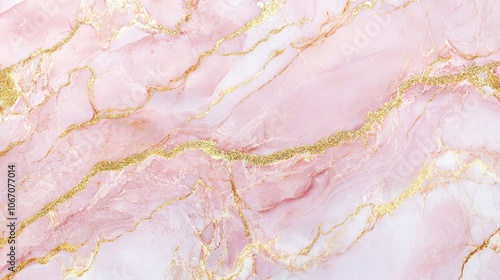 Elegant pink marble texture highlighted by gold glitter veins, creating a stunning visual appeal. The fine art of pink marble offers unique patterns and colors with ample copy space. photo