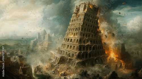 portrayal of the Tower of Babel being destroyed, where God confuses human language to prevent prideful ambition, symbolizing humility and unity in diversity, photo