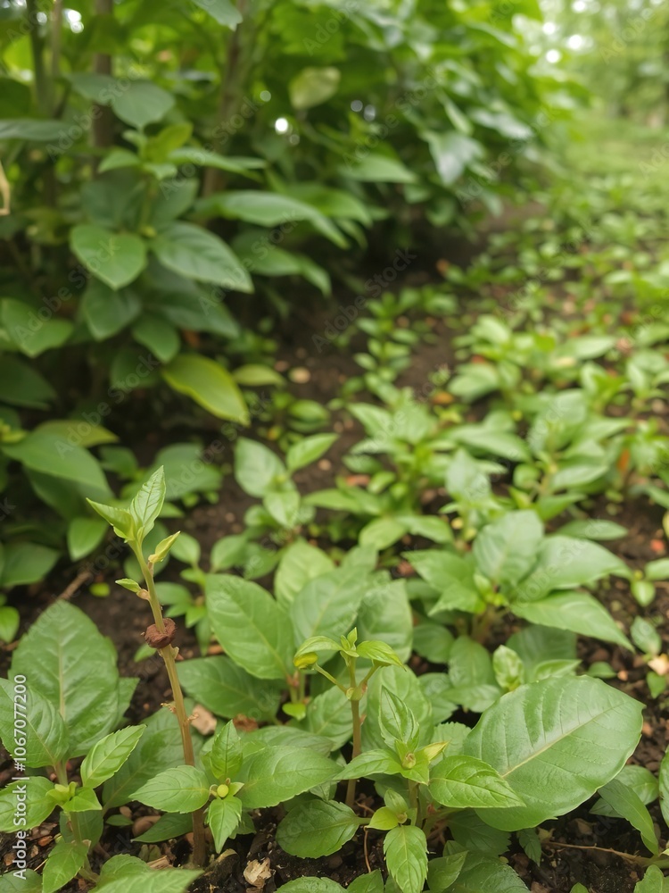 Coffee bean seedlings growing in the lush green nature background, representing the concept of growth and sustainability, agriculture Coffee bean seedlings growing in the lush green nature background, representing the concept of growth and sustainability, agriculture