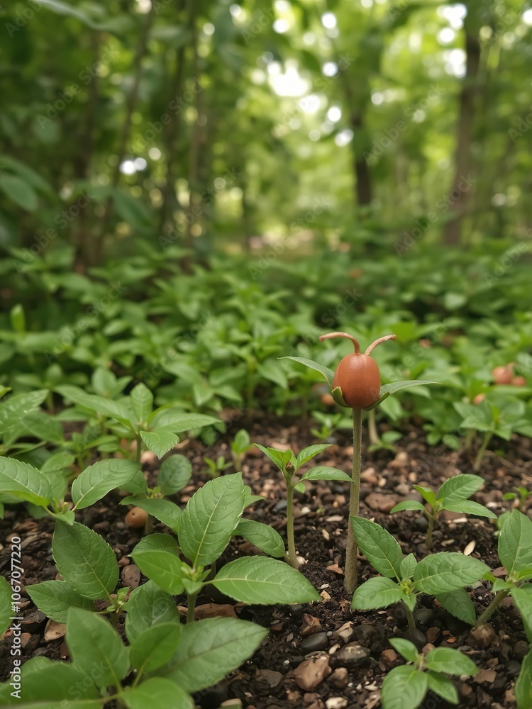 Coffee bean seedlings sprouting in a beautiful green natural background, representing the concept of growth trees, tropical Coffee bean seedlings sprouting in a beautiful green natural background, representing the concept of growth trees, tropical