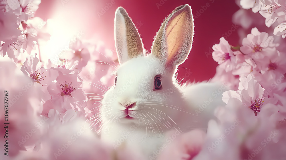 Obraz premium A charming white rabbit surrounded by blossoming pink flowers captivates nature lovers