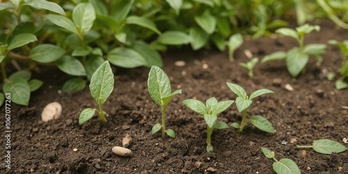 Coffee bean seedlings sprouting in rich soil against a lush green nature background, background