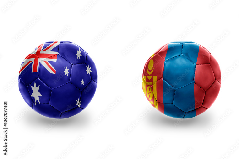Obraz premium football balls with national flags of mongolia and australia ,soccer teams. on the white background.