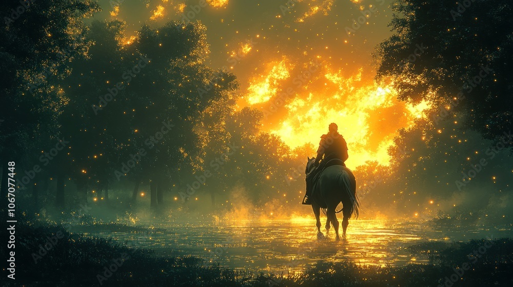 Fototapeta premium A Rider Towards the Golden Light